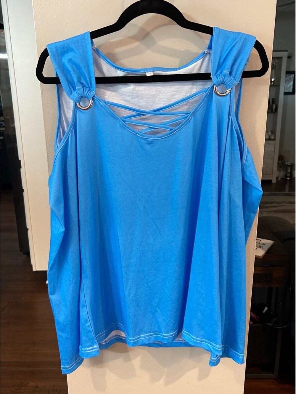 Blue Cold Shoulder Lace Up Top